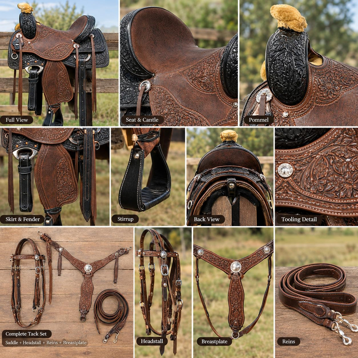 Argentina Cow Leather Tooled Horse Saddle Set with Headstall Reins & Breastplate C9737