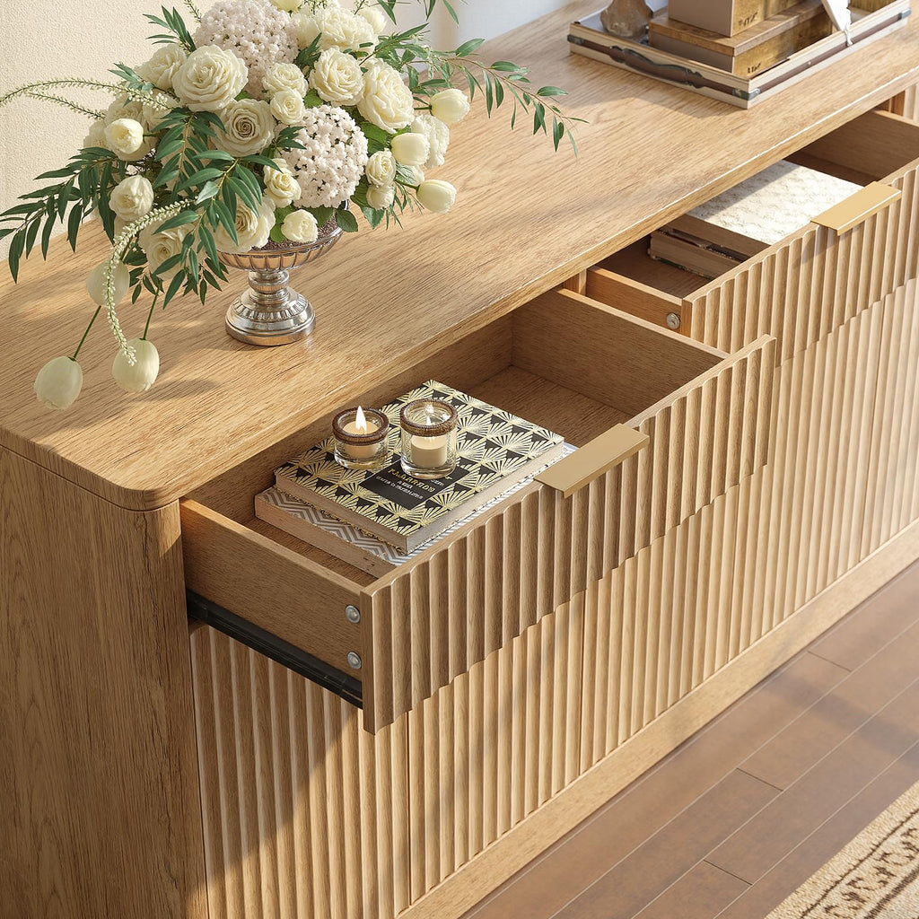 67" Fluted Oak Sideboard Buffet Cabinet with 3 Drawers B515