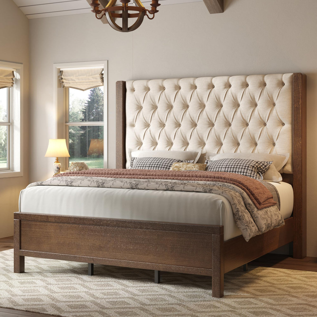 Queen Size Solid Wood Bed Frame with Wingback Headboard J65559
