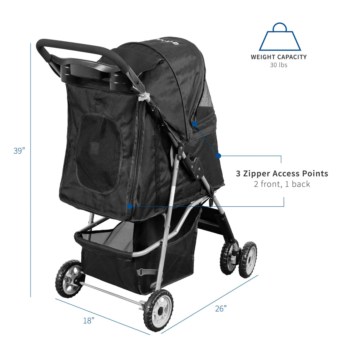 Black 4 Wheel Foldable Pet Stroller Y33266