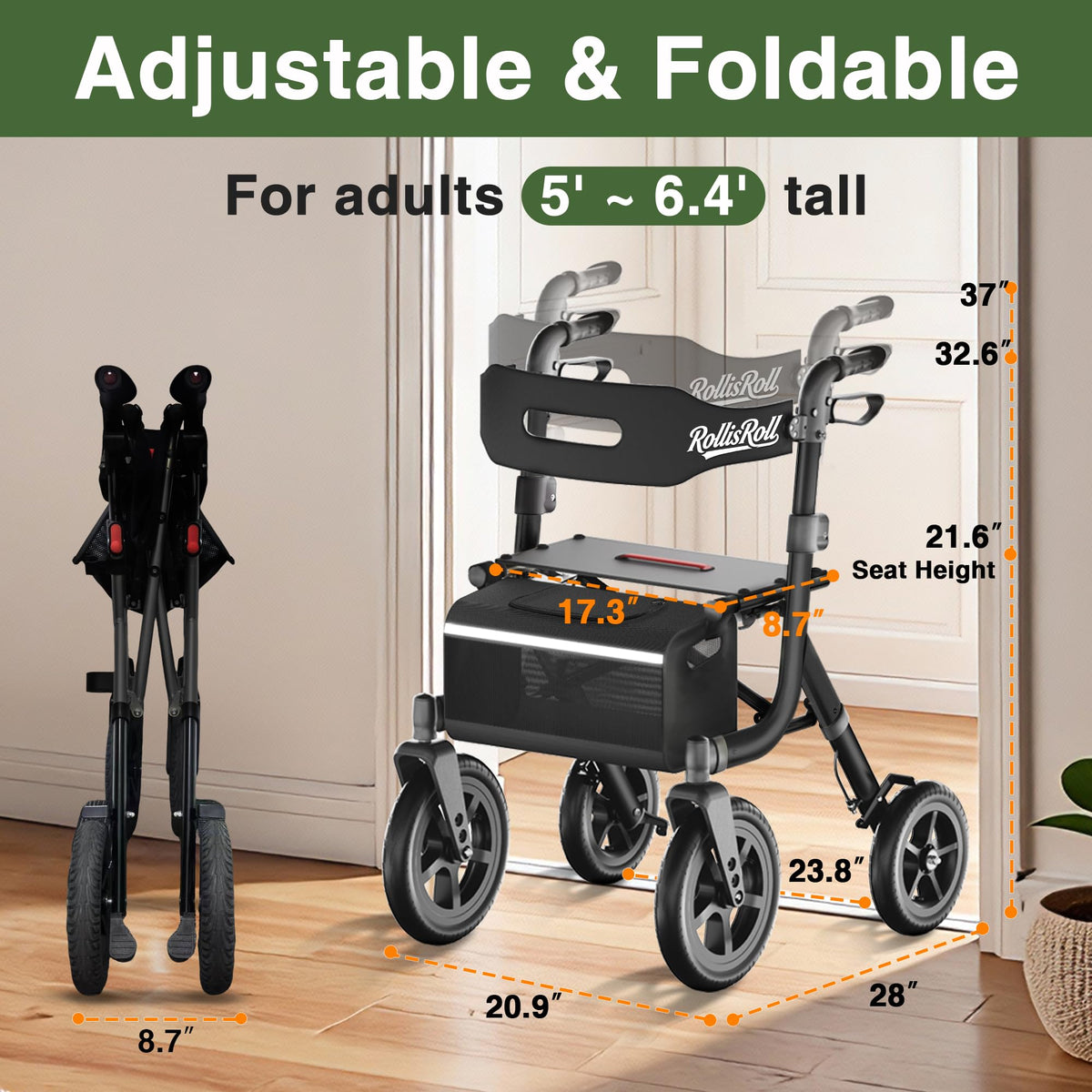 Black Foldable Rollator Walker with Seat, Backrest, 12" Rubber Wheels W789