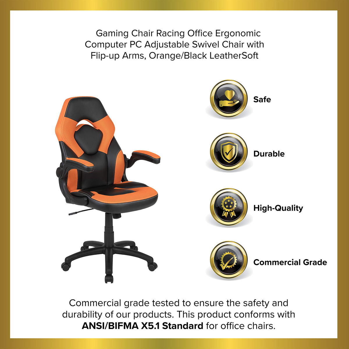 Orange Black Ergonomic Gaming Chair with Flip-Up Arms B887078