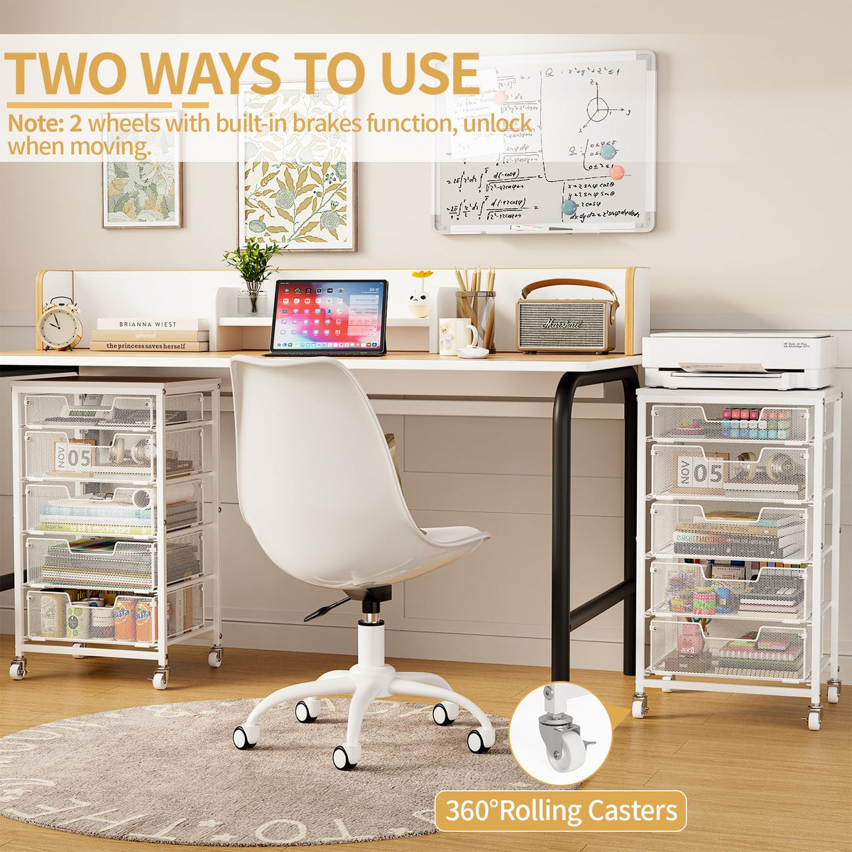 White 5 Drawer Rolling Utility Cart with Wooden Tabletop V688