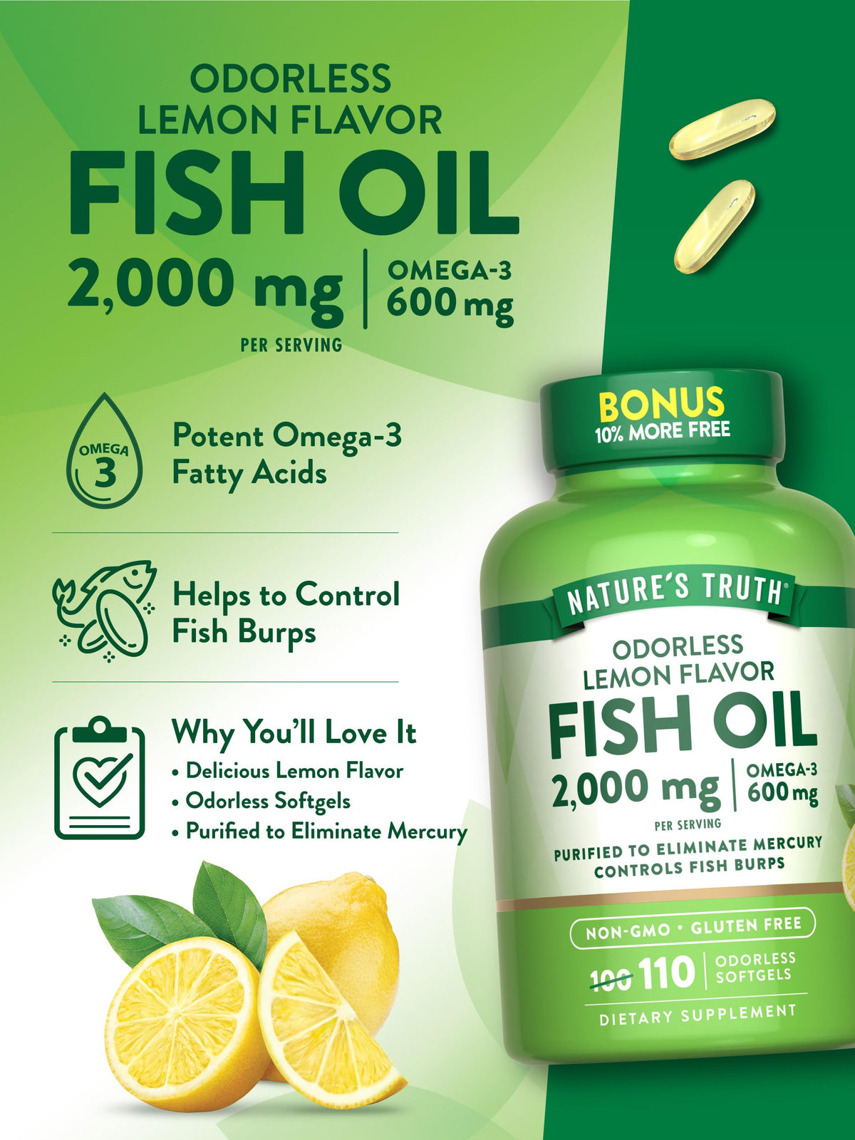 Fish Oil 2000mg 110 Softgels Lemon Flavor E840062