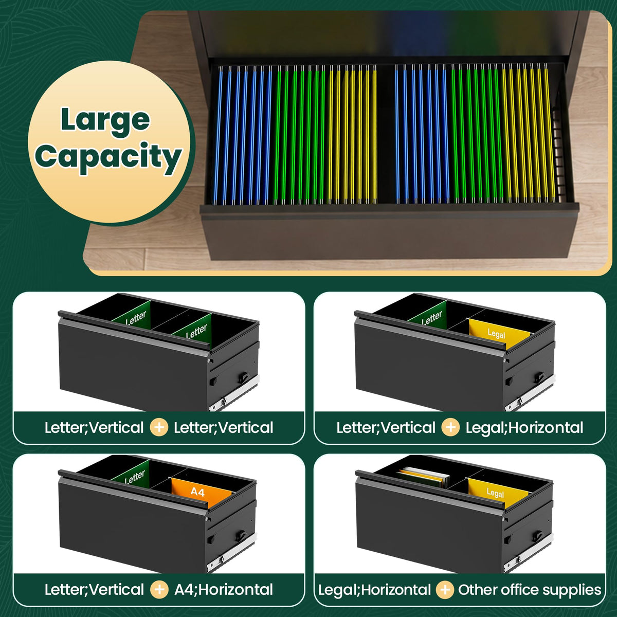 4 Drawer Black Lateral File Cabinet with Lock P3158