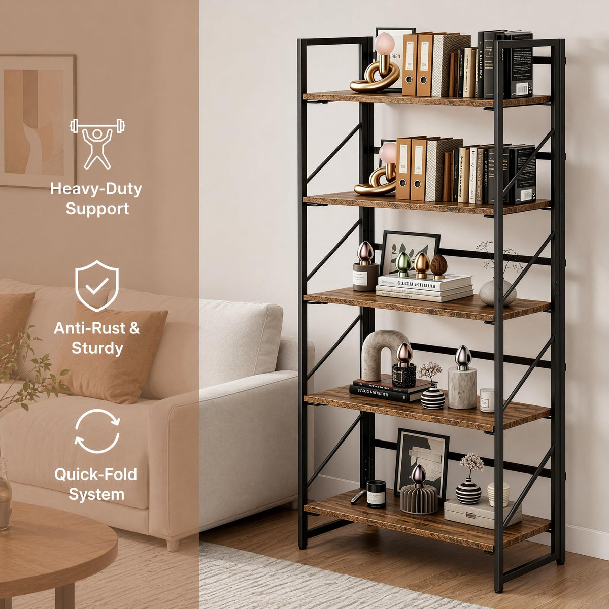 5-Tier Rustic Brown Folding Bookshelf T240805