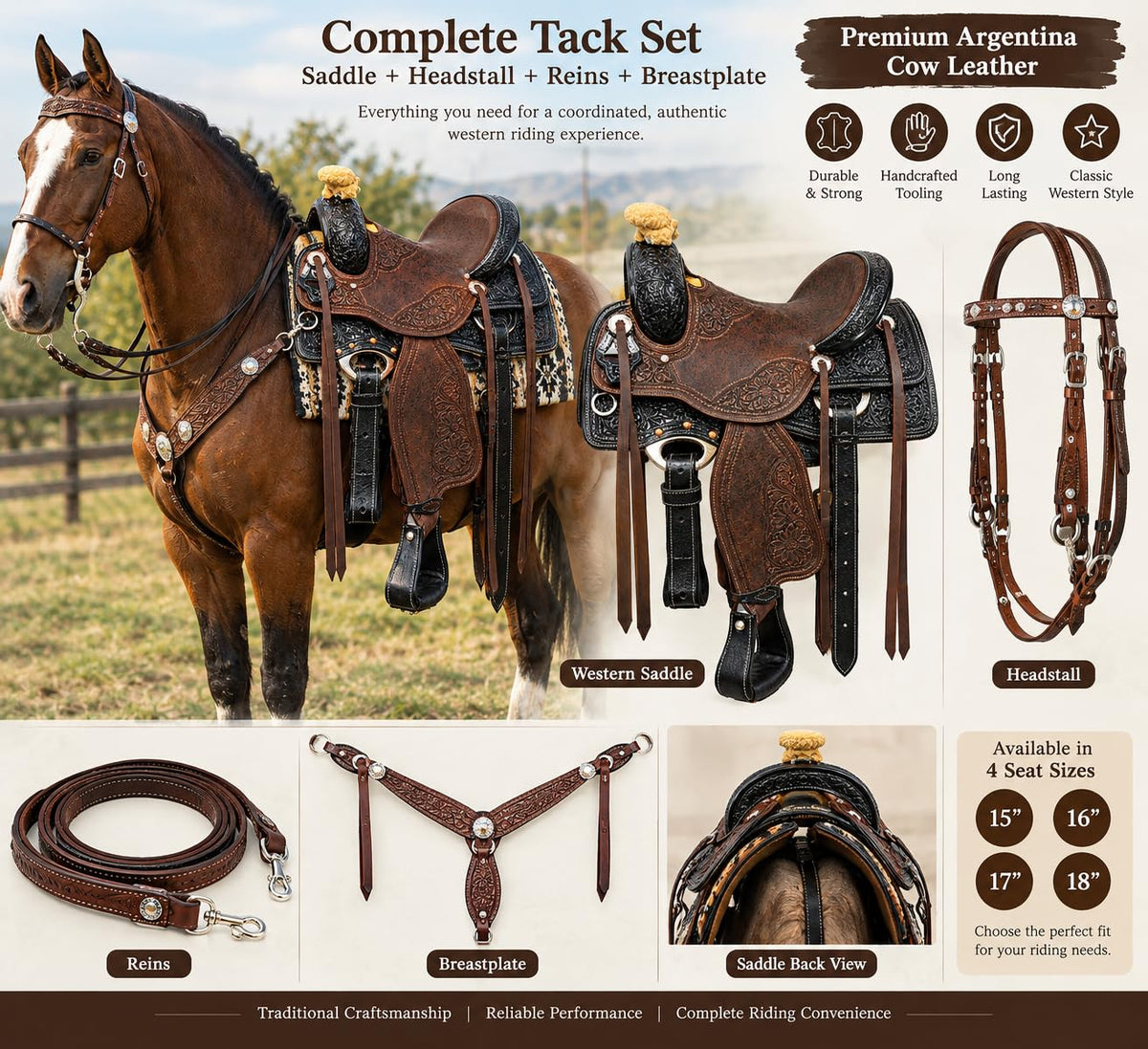 Argentina Cow Leather Tooled Horse Saddle Set with Headstall Reins & Breastplate C9737