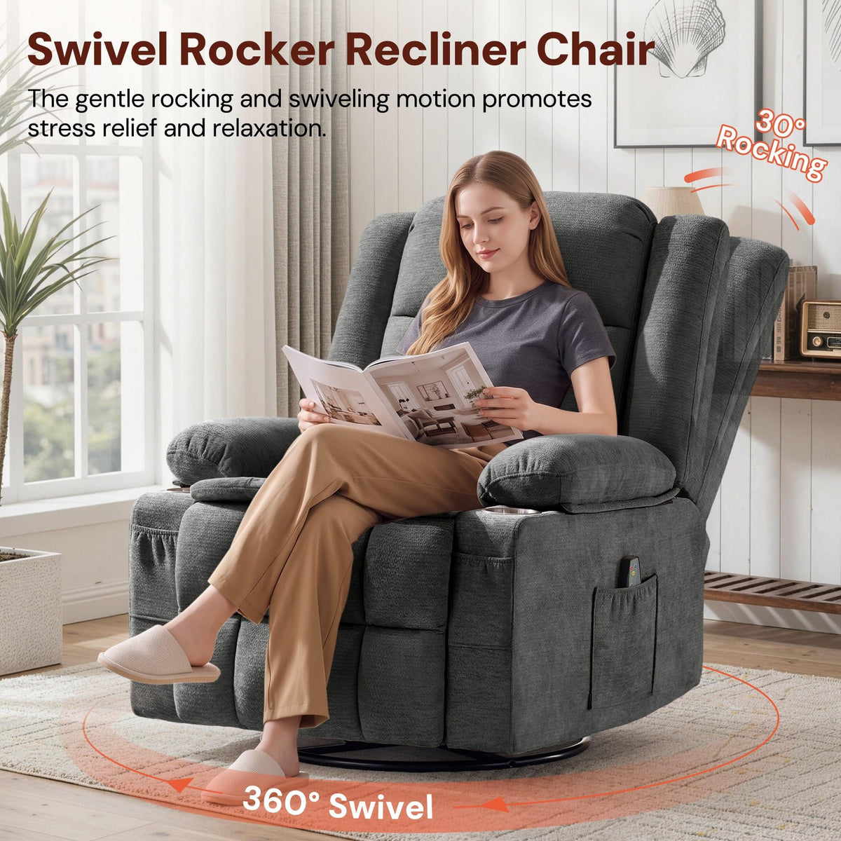 Grey Chenille Swivel Rocker Recliner with Massage and Heat D611508