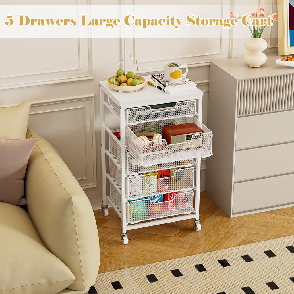 White 5 Drawer Rolling Utility Cart with Wooden Tabletop V688