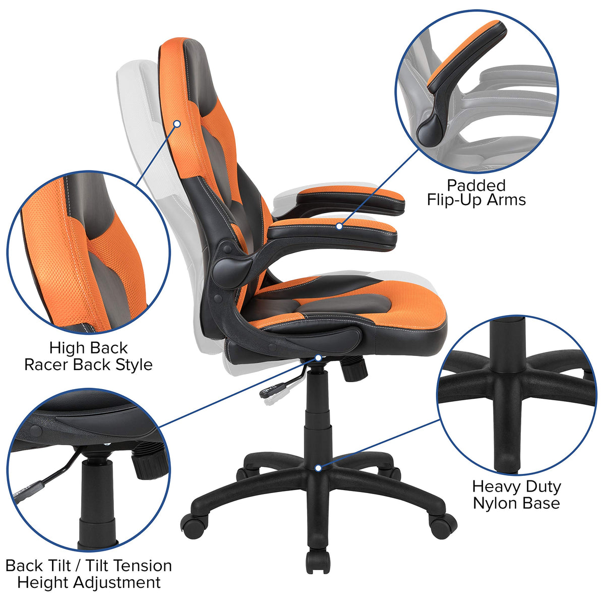 Orange Black Ergonomic Gaming Chair with Flip-Up Arms B887078