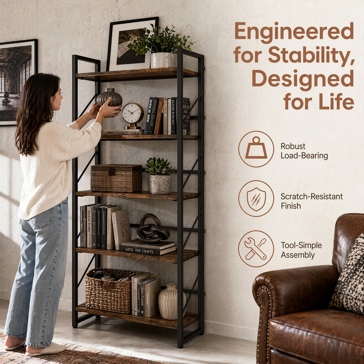 5-Tier Rustic Brown Folding Bookshelf T240805