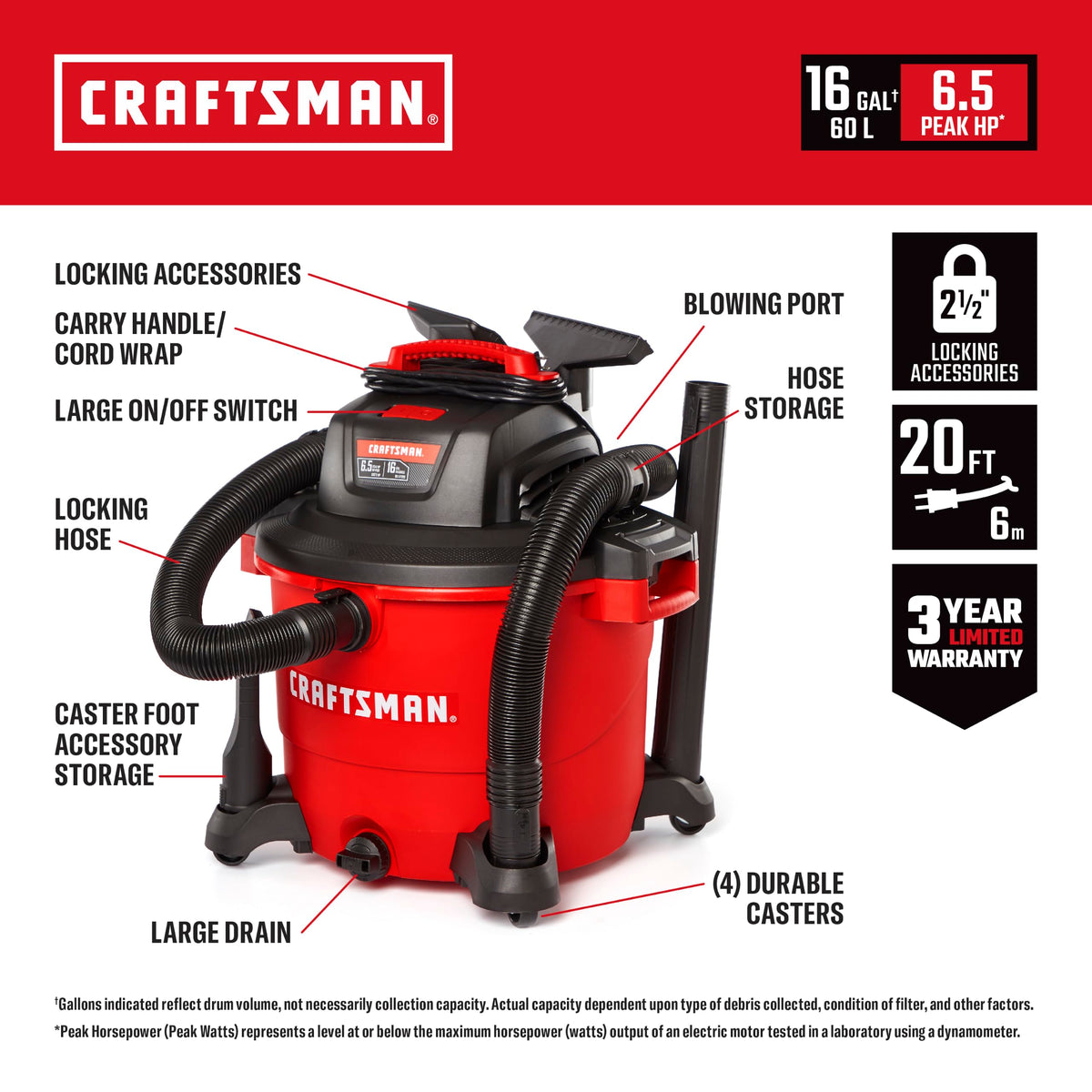 16 Gallon 6.5 Peak HP Wet Dry Shop Vacuum H352