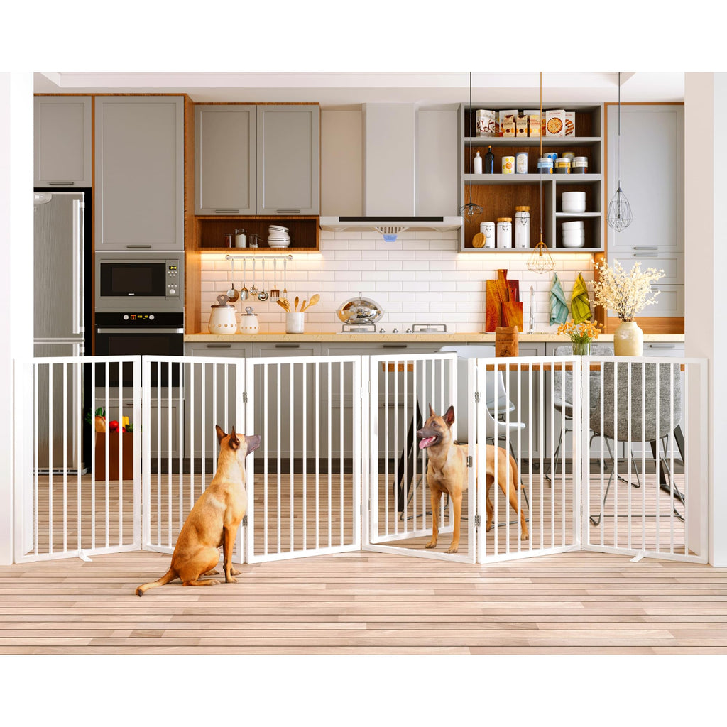 120" x 32" Foldable Freestanding Extra Wide Dog Gate with Door, White B979985