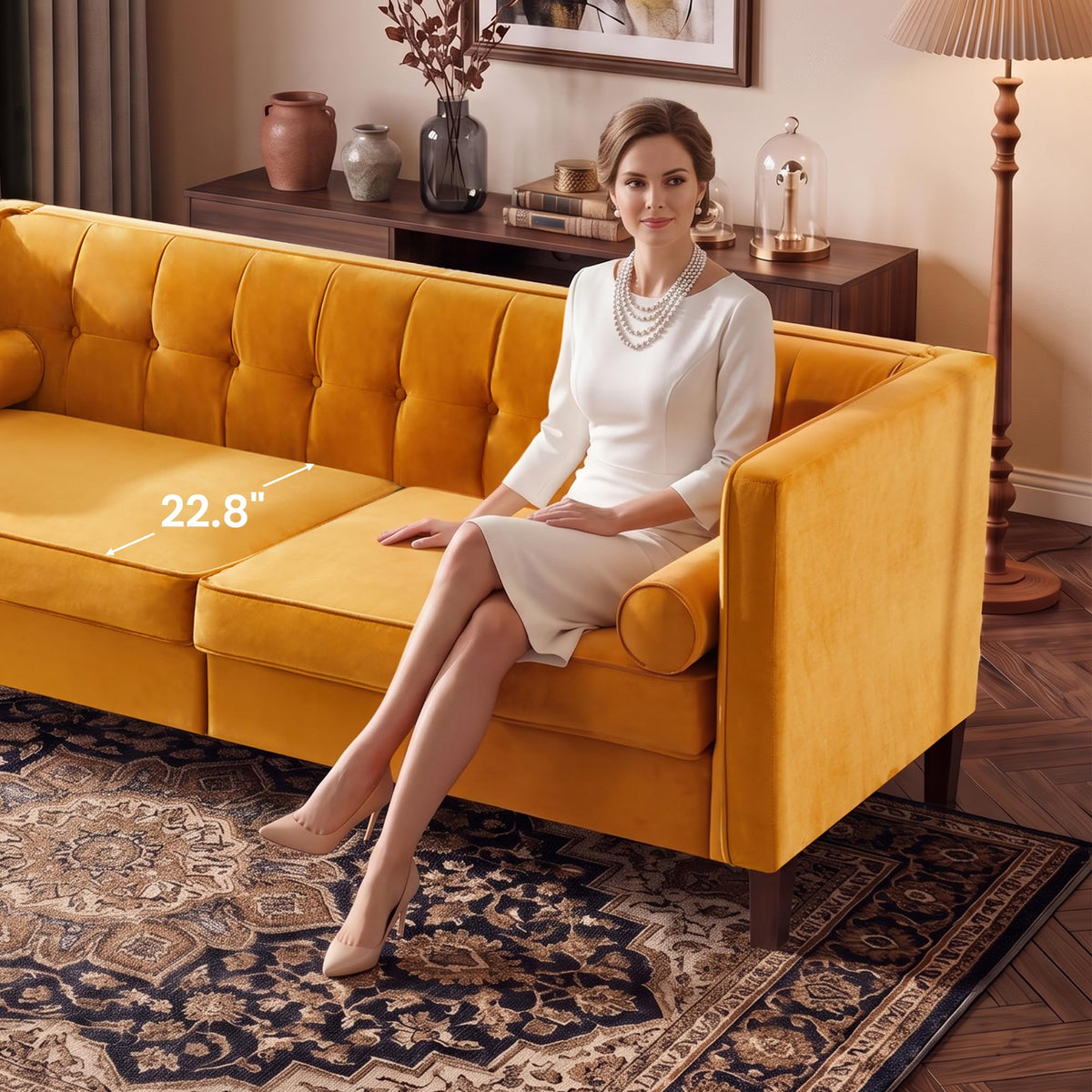 78" Velvet 3 Seater Sofa with Bolster Pillows W271323
