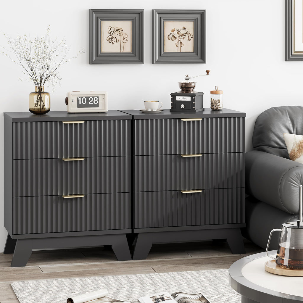 Black 3 Drawer Fluted Nightstand F8016