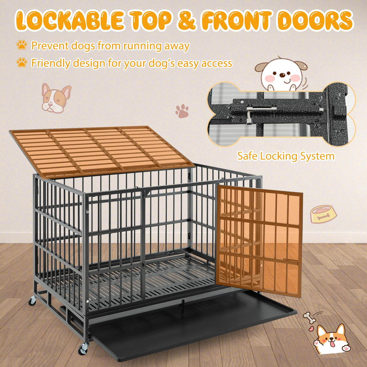 48 Inch Heavy-Duty Metal Dog Crate with Lockable Wheels Z7892