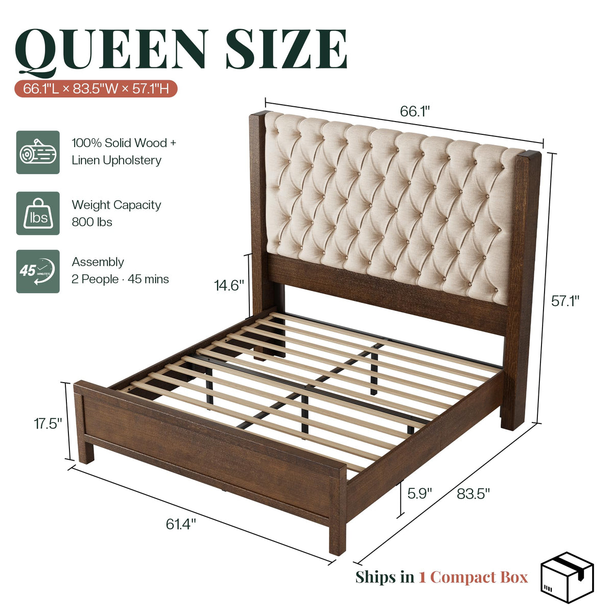 Queen Size Solid Wood Bed Frame with Wingback Headboard J65559