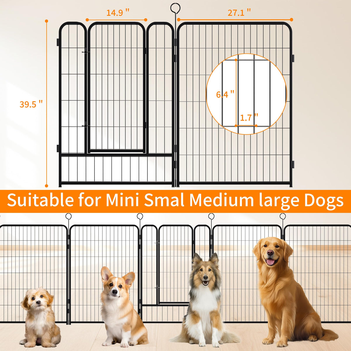 40 Inch 16 Panel Metal Garden Fence with Self-Locking Gate Q991
