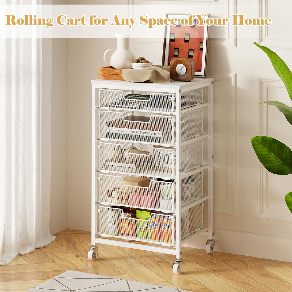 White 5 Drawer Rolling Utility Cart with Wooden Tabletop V688