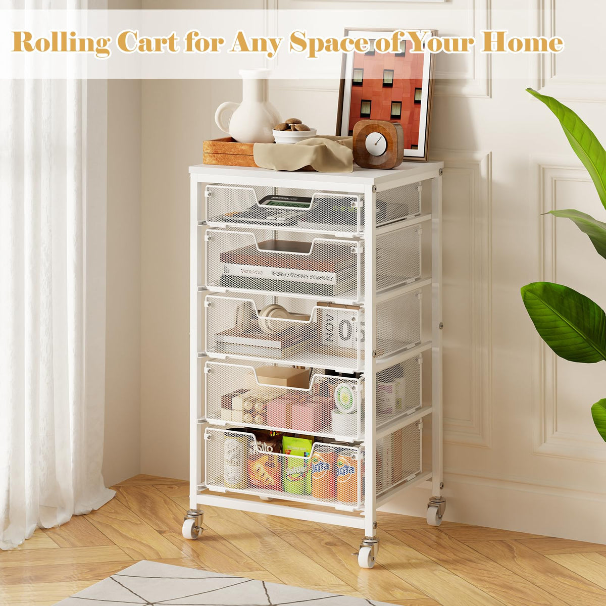 White 5 Drawer Rolling Utility Cart with Wooden Tabletop V688