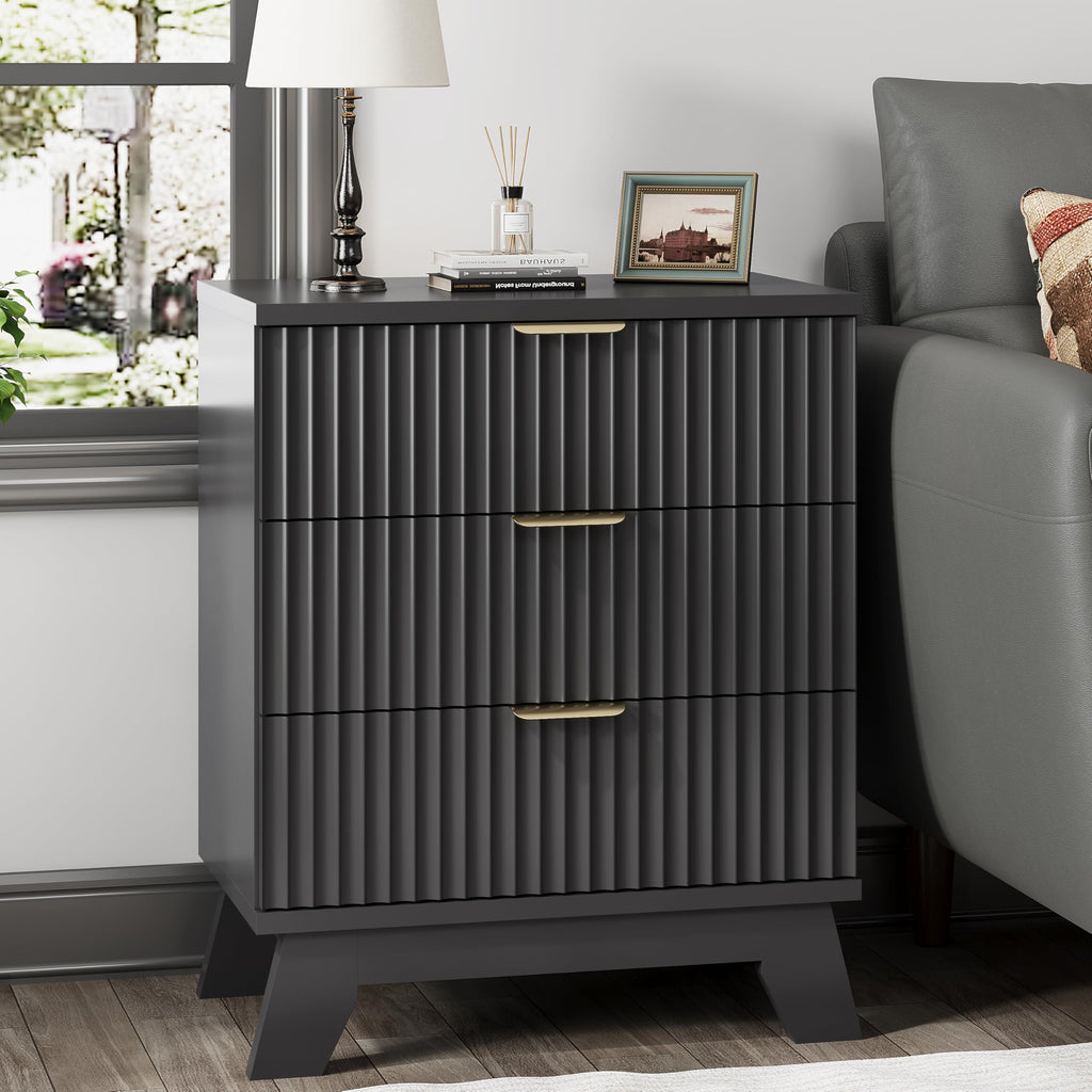 Black 3 Drawer Fluted Nightstand F8016