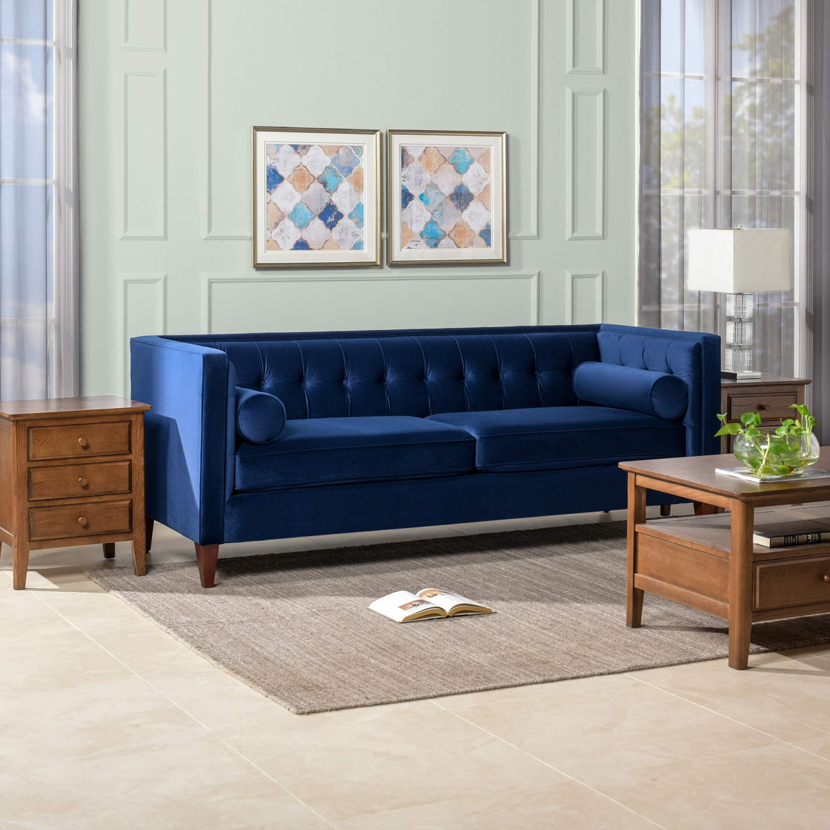 84" Navy Blue Velvet Tufted Sofa L323200