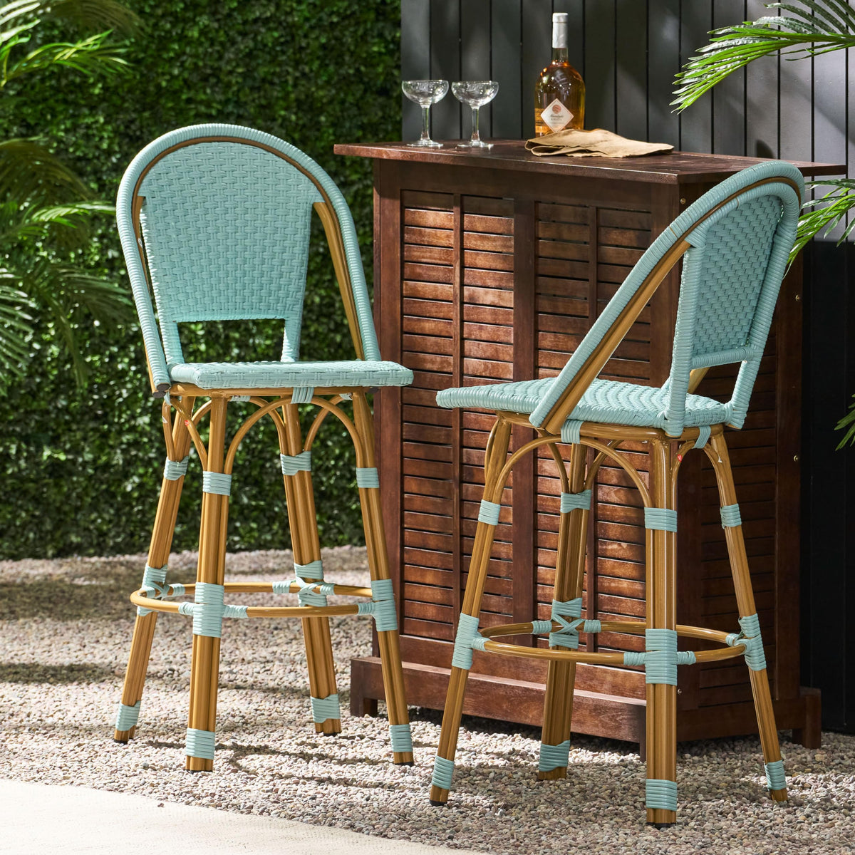 29.5" PE Rattan Aluminum Bar Stools, Set of 2, Light Teal N38508