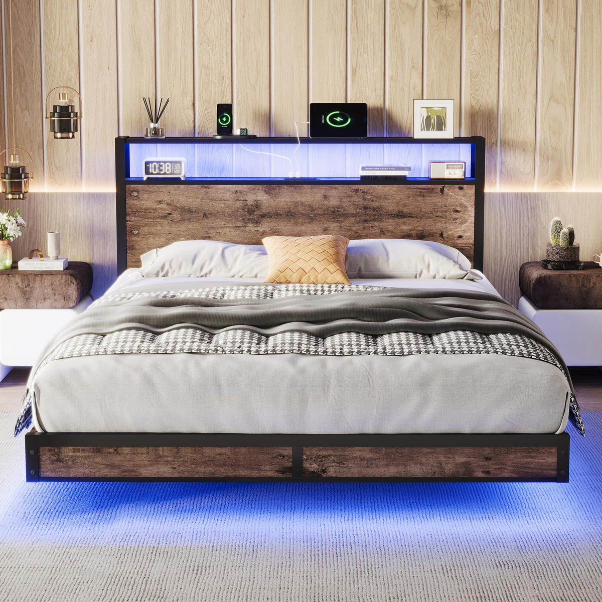 Full Size Metal Bed Frame with Storage Headboard and LED Lights Z766