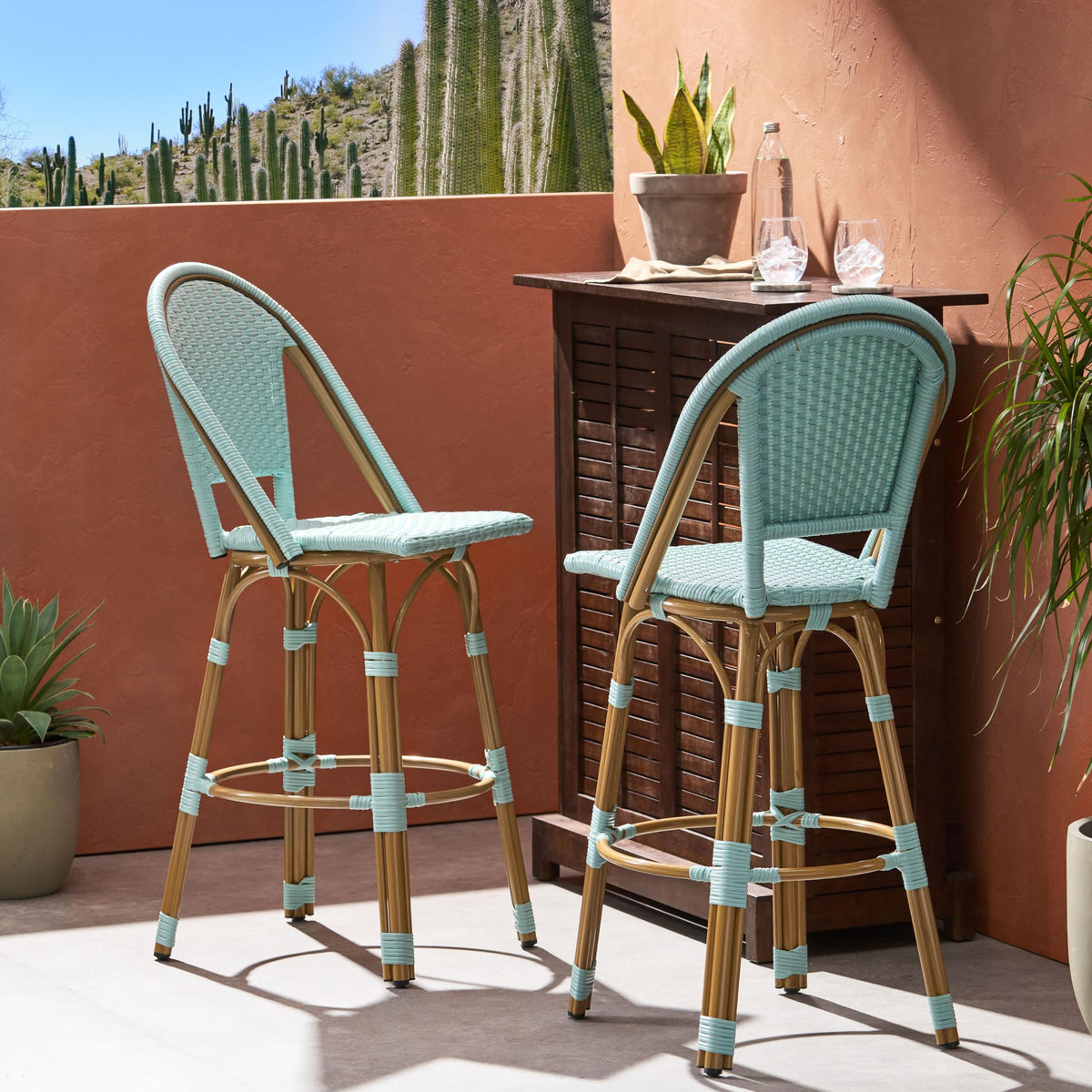 29.5" PE Rattan Aluminum Bar Stools, Set of 2, Light Teal N38508