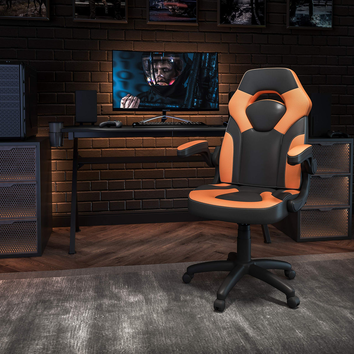 Orange Black Ergonomic Gaming Chair with Flip-Up Arms B887078