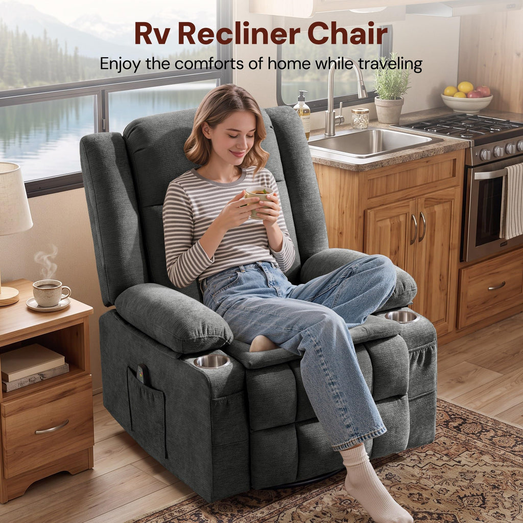 Grey Chenille Swivel Rocker Recliner with Massage and Heat D611508