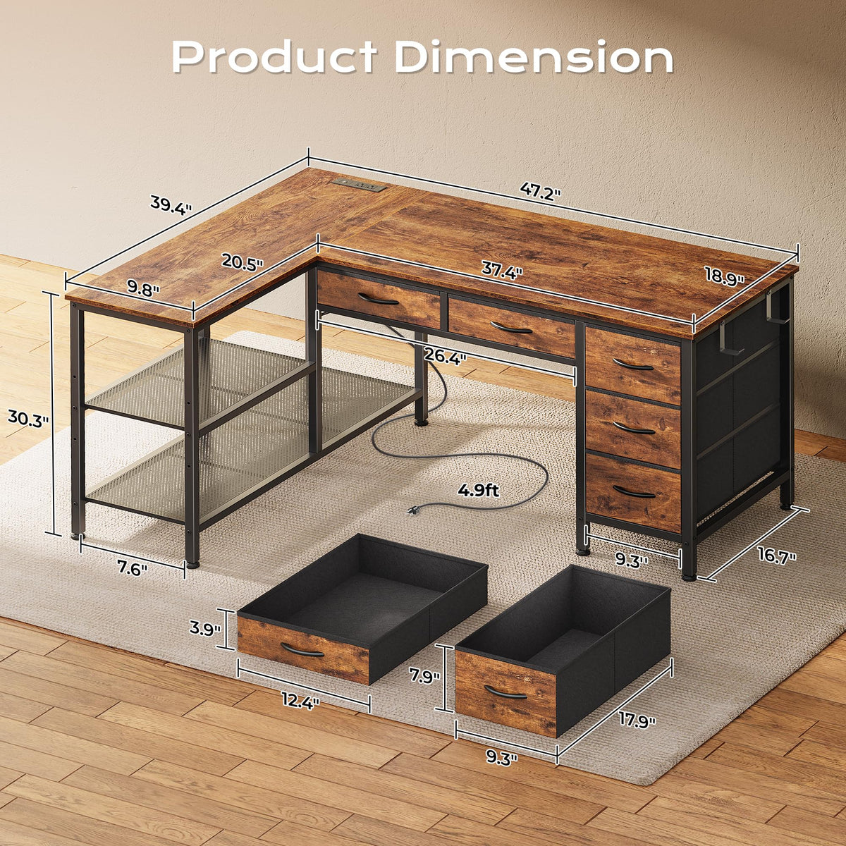 47 Inch L Shaped Desk with Power Outlets A61753