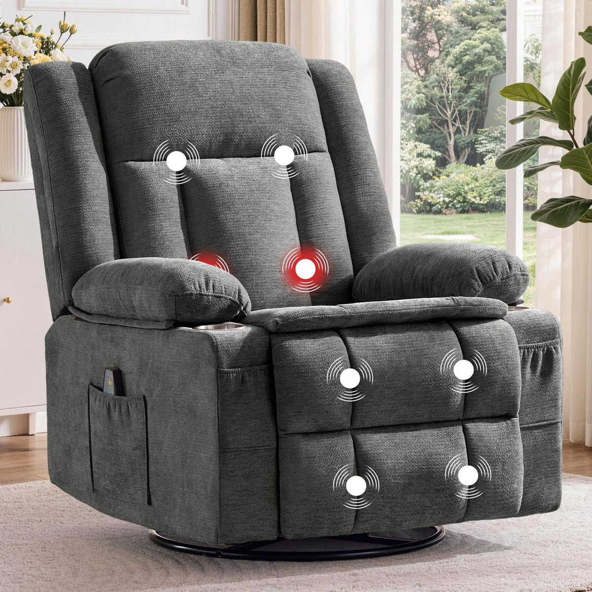 Grey Chenille Swivel Rocker Recliner with Massage and Heat D611508