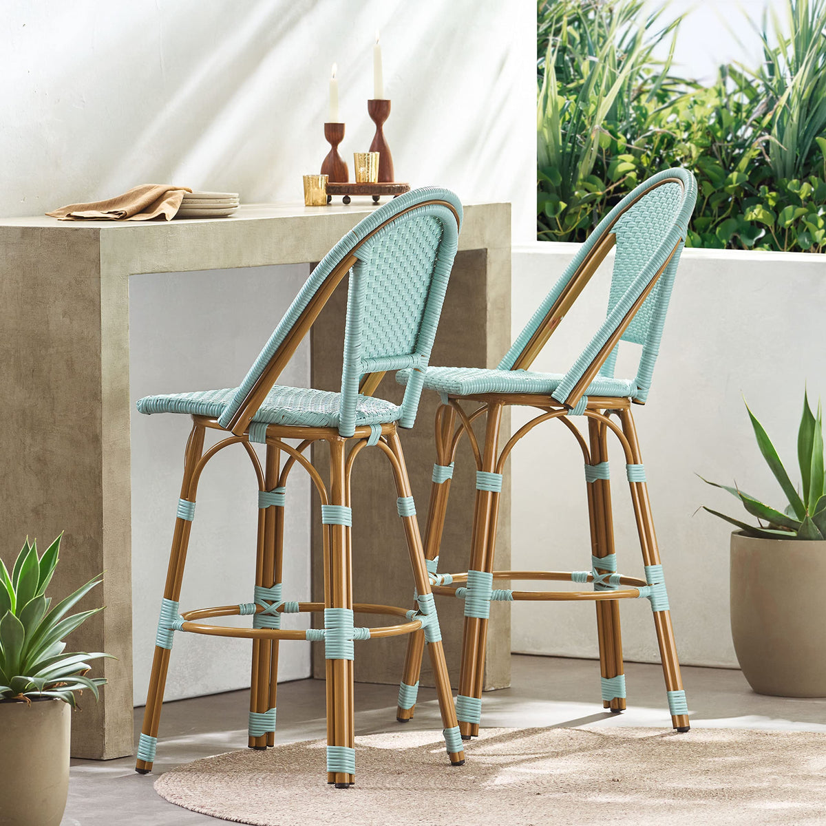 29.5" PE Rattan Aluminum Bar Stools, Set of 2, Light Teal N38508