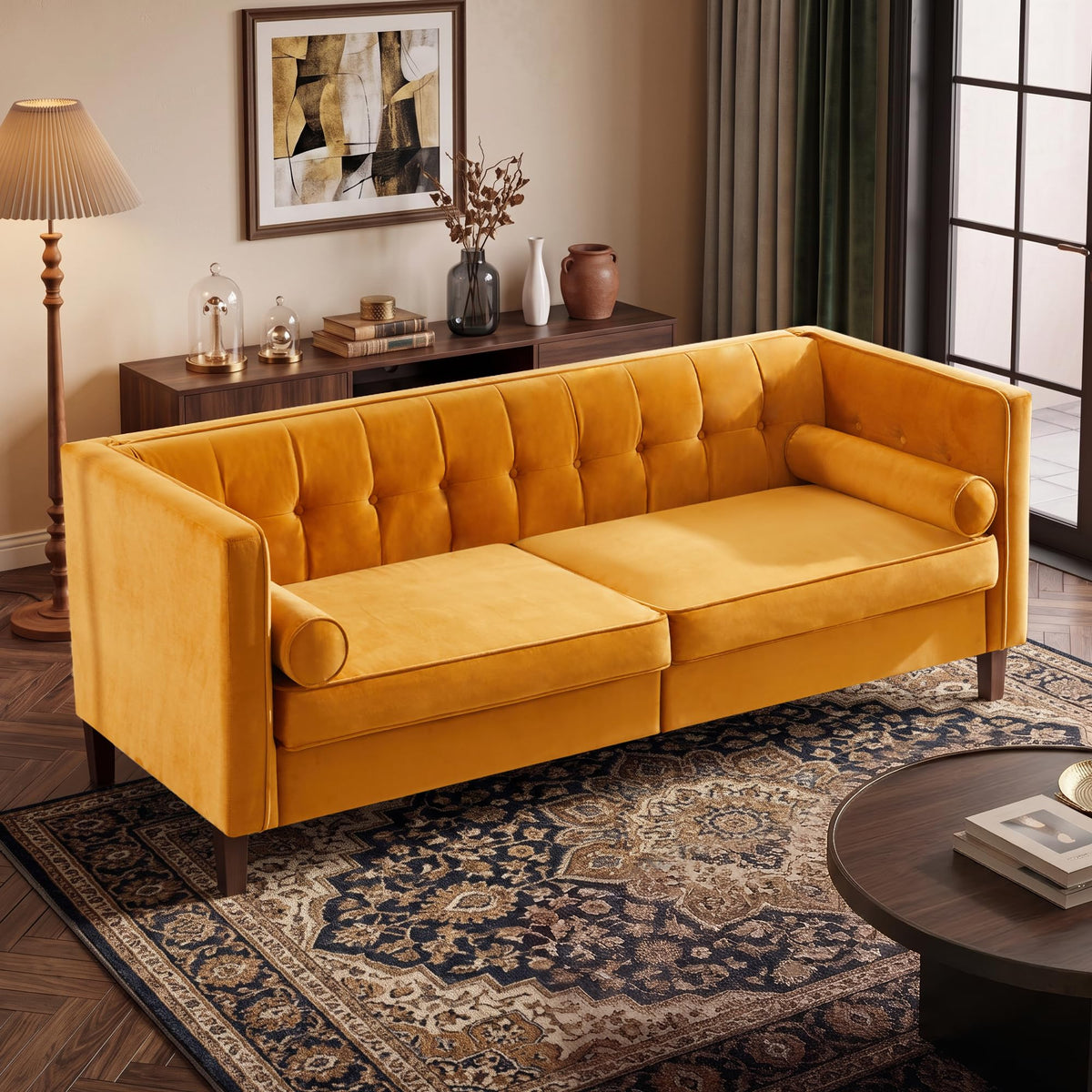 78" Velvet 3 Seater Sofa with Bolster Pillows W271323
