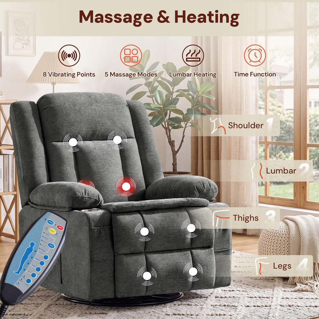 Grey Chenille Swivel Rocker Recliner with Massage and Heat D611508
