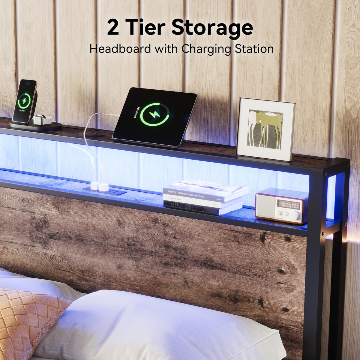 Full Size Metal Bed Frame with Storage Headboard and LED Lights Z766
