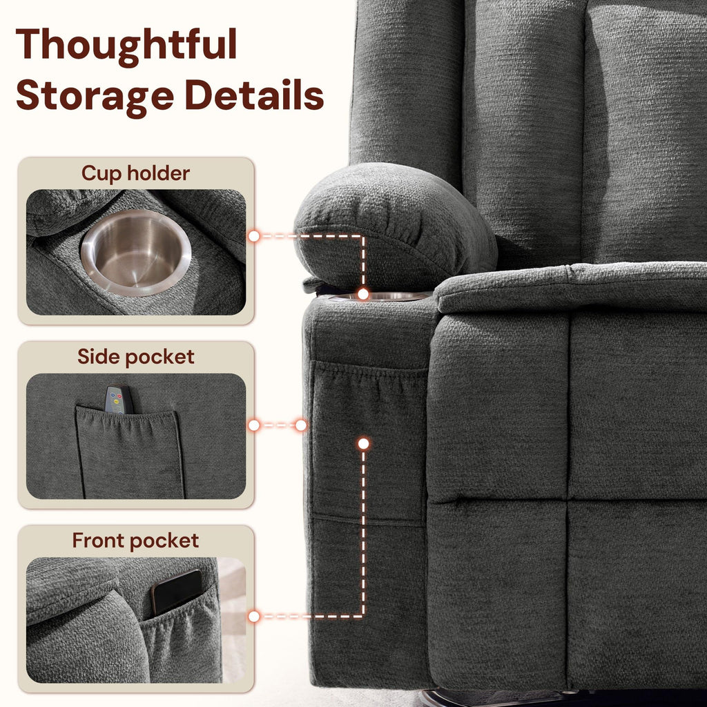 Grey Chenille Swivel Rocker Recliner with Massage and Heat D611508