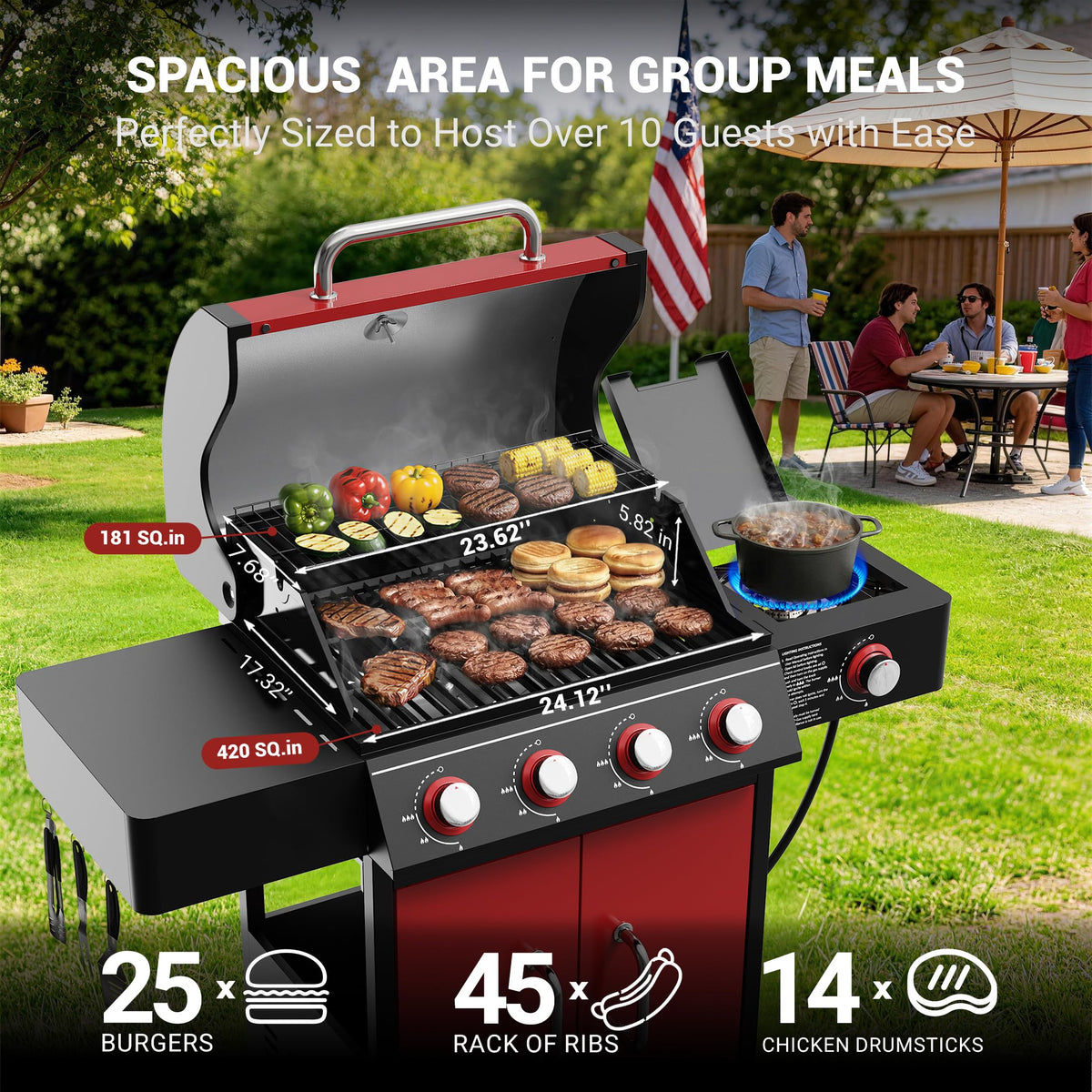 4 Burner Propane Gas Grill with Side Burner U649