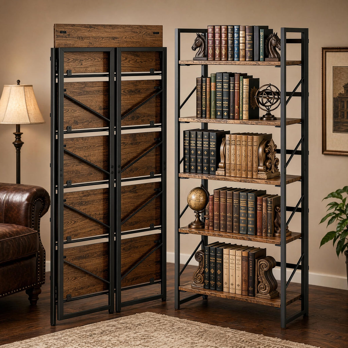 5-Tier Rustic Brown Folding Bookshelf T240805