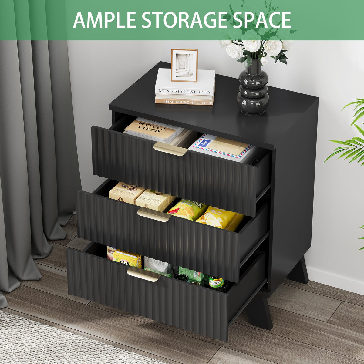 Black 3 Drawer Fluted Nightstand F8016